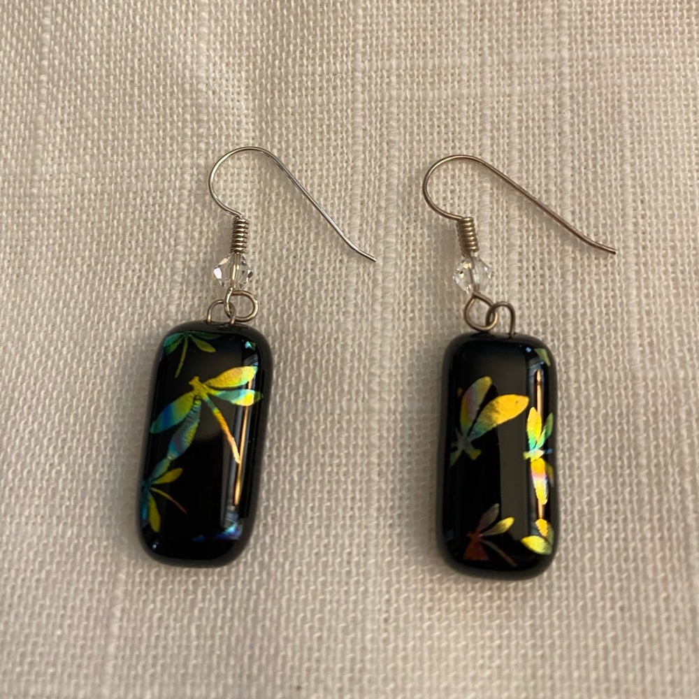Black Dichroic Glass Drop Earrings with Yellow-Green Dragonfly Motif